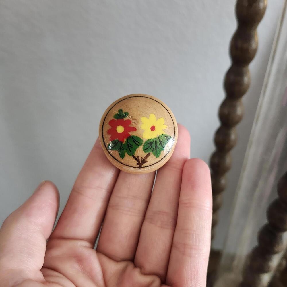 Miniature Wooden Trinket Box  Hand Painted Flower Design Pill Box